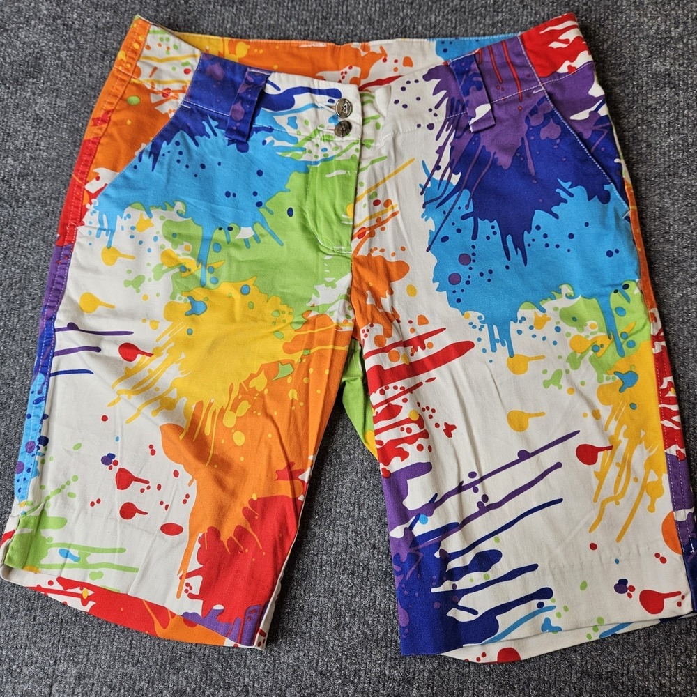 Loudmouth Golf Womens Drop Cloth Bermuda Shorts Size 4 Paint Splatter 9" Inseam - Picture 2 of 8